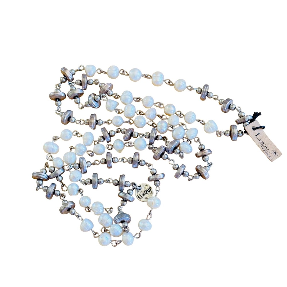 Lizou BOHO France Baroque Pearl Necklace Long Beaded Silver Opera Flapper 42"
